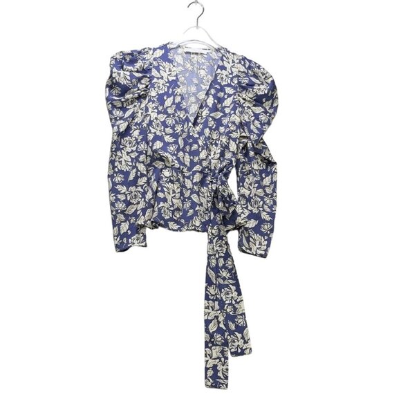 ASTR The LABEL Top Polyester Royal Blue Floral Attached Side Tie Wrap Puffed Gat - Picture 15 of 16